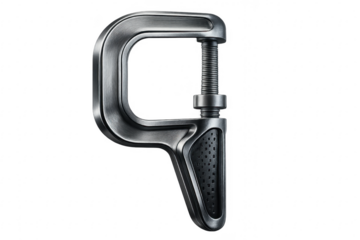 Metal c clamp with textured handle and screw isolated on transparent background