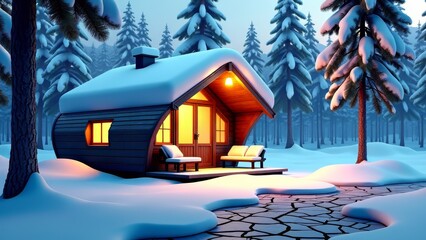 Naklejka premium Cozy winter cabin in snow-covered woods