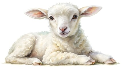 Fototapeta premium Watercolor painting of a cute white lamb lying down isolated on white background in a peaceful manner