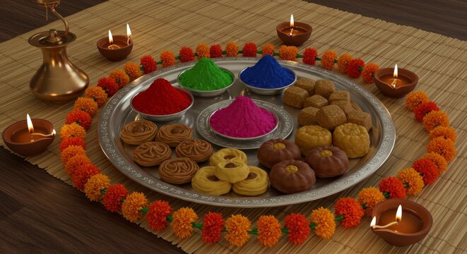 Bhai Tika, Silver plate filled with tika powders, marigold garlands and sweets, lit by warm oil lamps