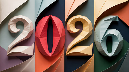 Colorful geometric paper art showcasing the year 2026 with modern design elements and vibrant color palettes perfect for backgrounds and creative projects ideal for new year themes