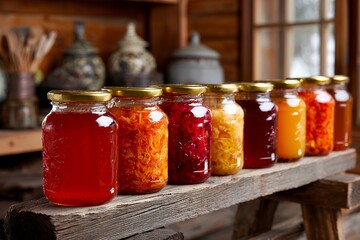 Array of homemade preserves in jars on rustic wooden shelf in cozy kitchen setting
