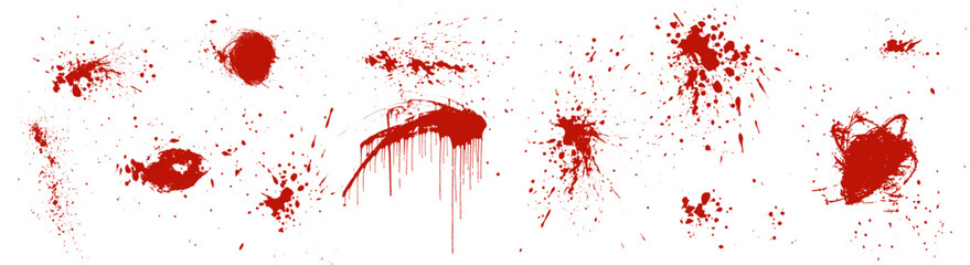 Blood splatter vector. Red stain texture. Drip splash background. Scary droplet smear. Horror spray shapes. Grunge spot stamps. Abstract isolated blot splash marks. Vampire ink spray pattern bg