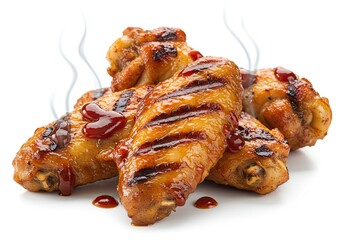 Grilled Chicken Wings with BBQ Sauce on White Background 