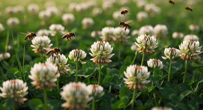Bees on white clover flowers