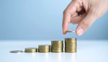 成長する富。積み重ねられたコインと、最後に一枚を置く手。ビジネスの成功、金融、投資、貯蓄のコンセプト