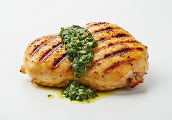 Grilled Chicken with Chimichurri Sauce on White Background 