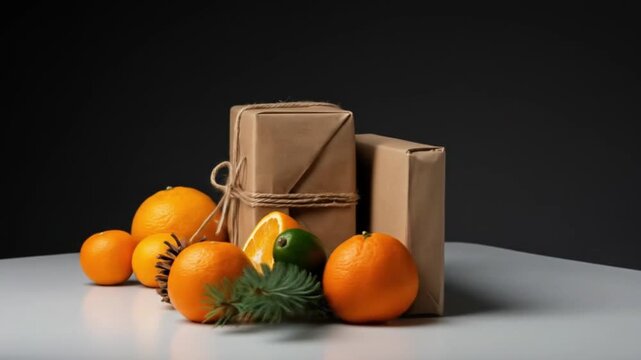 Festive gifts amidst citrus fruits and pine