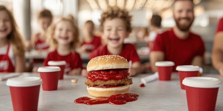 A vibrant scene featuring a burger topped with ketchup, surrounded by smiling people in red outfits, enjoying a fun dining experience.