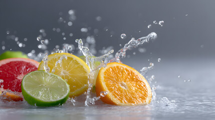 Juicy Citrus Burst: A vibrant display of citrus fruits, including orange, lemon, lime, and grapefruit, erupting in a refreshing splash of water, showcasing their juicy freshness.