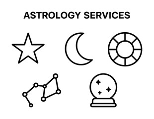Astrology services icon set: star, moon, horoscope wheel, constellation, crystal ball
