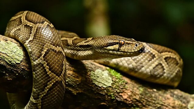 Close-up of a large python snake with detailed scales coiled on a mossy jungle tree branch