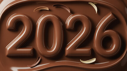 Delicious chocolate 2026 new year design with glossy finish perfect for confectionery promotions holiday greetings and sweet treat advertisements showcasing a rich and creamy texture