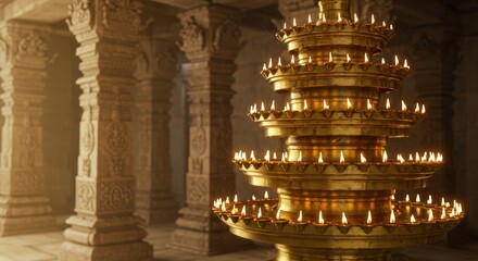 Devotional Lamp Tower, Multi-tiered brass lamp lit with dozens of flames, golden glow illuminating carved stone pillars