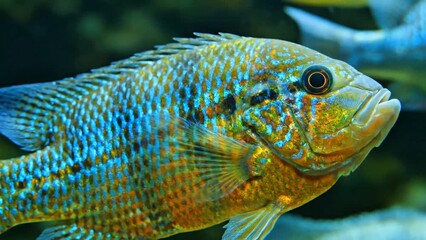 Detailed close-up of a vibrant freshwater fish with shimmering iridescent blue and orange scales