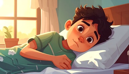 A boy lying in bed, looking sad, sunlight streams in