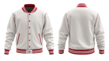 White and red letterman jacket front and back view isolated on transparent background