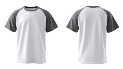 Blank white t-shirt with gray raglan sleeves, front and back views