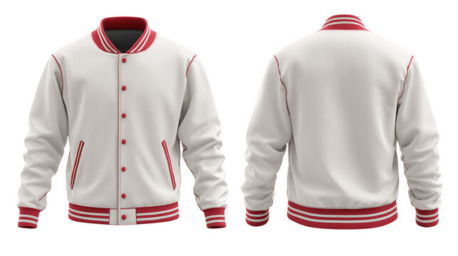 White and red letterman jacket front and back view isolated on transparent background