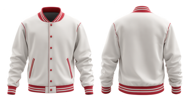 White and red letterman jacket front and back view isolated on transparent background