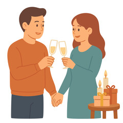 Fototapeta premium Vector illustration of couple holding hands and toasting with champagne glasses, romantic holiday celebration, candles and gifts on table, festive winter mood