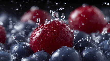 Berry Burst: A close-up shot captures the vibrant colors and refreshing essence of ripe, fresh berries. Water droplets dance around the berries. 