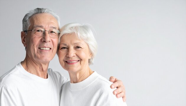 Happy elderly couple smiling, a loving portrait capturing family, marriage, and the joy of aging together.

