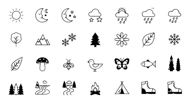 Charming outdoor icon set ready for your next design project. Perfect for illustrating nature, camping, adventure, and travel themes. Scalable and versatile.