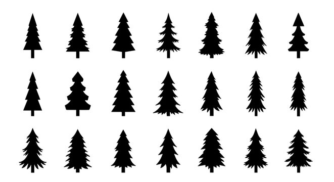 A set of assorted evergreen tree silhouettes, perfect for holiday themed designs, winter projects, and nature-inspired graphics. Great for creating festive vibes.