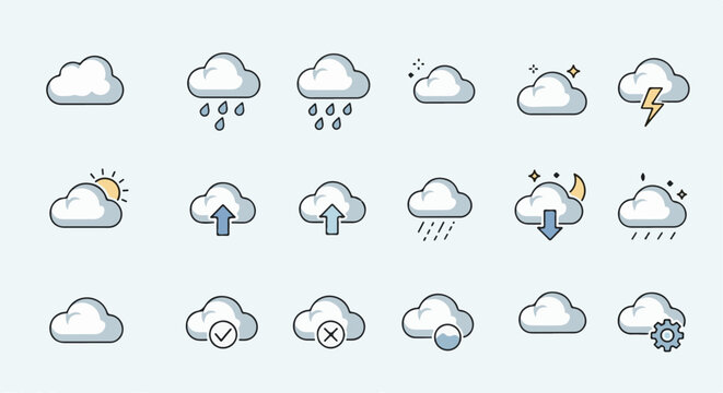 Modern vector weather icons for apps, forecast, cloud computing, and data storage. Sleek symbols for interface design and user experience.