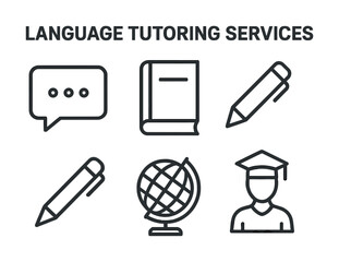 Language tutoring services icons: speech bubble, book, pens, globe, graduate cap
