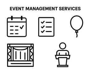 Event management icons: schedule, checklist, balloon, stage, podium
