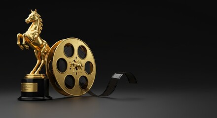 Obraz premium Golden Horse Reel, Film reel unspooled beside golden horse trophy, dramatic light beams casting reflections