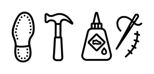 Footwear repair tools: sole, hammer, glue, needle for shoe fixing