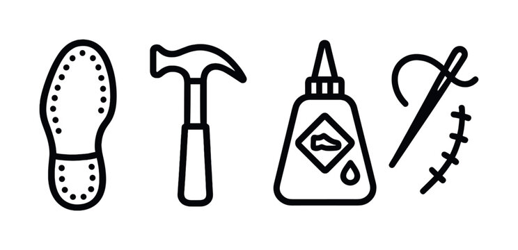Footwear repair tools: sole, hammer, glue, needle for shoe fixing
