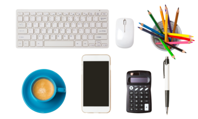 overhead view of office essentials and technology setup