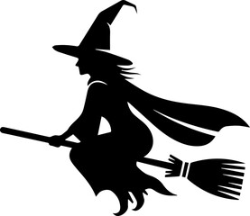 Mysterious witch silhouette soaring on broomstick under moonlight for spooky Halloween celebrations