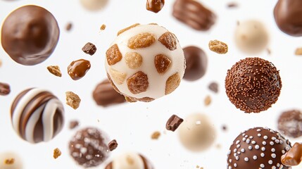 Fototapeta premium Floating Chocolate Spheres and Cereal Pieces on White Background