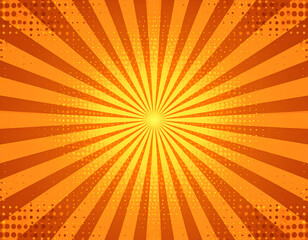 orange and Yellow comic background. Art pop cartoon backdrop. Halftone effect pattern. Fun anime texture. Starburst manga style bg. Mark popart radial gradient. Spiral, comic rays