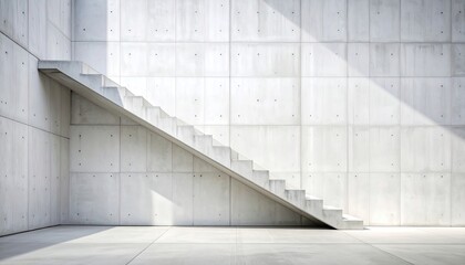 Obraz premium Concrete Staircase Ascending Along Concrete Wall Under Harsh Sunlight with Shadows in Modern Minimalist Architecture