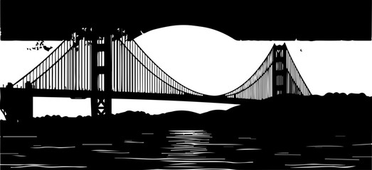 Iconic Golden Gate Bridge silhouette reflected in water under dramatic sky