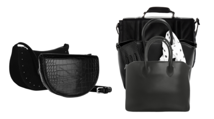 arrangement of black handbags and purses in a studio