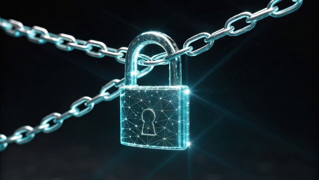 A glowing padlock surrounded by chains, symbolizing security and protection in a digital context.