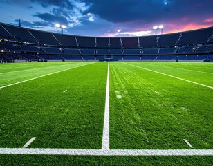 Fototapeta premium Illuminated Football Field Stadium with Green Grass and White Lines under Dramatic Night Sky Full of People