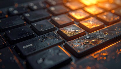 Illuminated Keyboard Close Up with Orange Light Highlighting Keys and Letters with a Modern Cinematic Feel and Black Keys