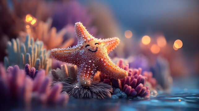 Cartoon coral reef starfish smile concept, A cheerful starfish resting on colorful coral underwater.