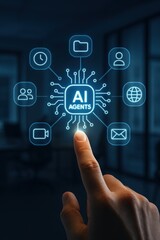 Hand Interacting with Digital Interface Displaying AI Agents and Connected Elements