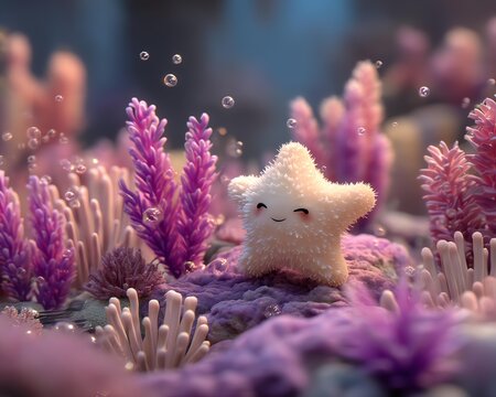 Cartoon coral reef starfish smile concept, A cute starfish surrounded by vibrant coral in clear waters.