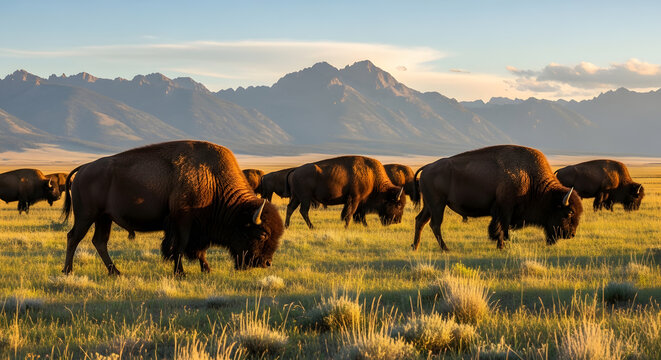 Majestic bison herd grazing peacefully in golden sunset light with mountain backdrop