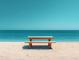 A wooden picnic table with benches sits on a sandy beach overlooking the calm blue ocean under a clear sky